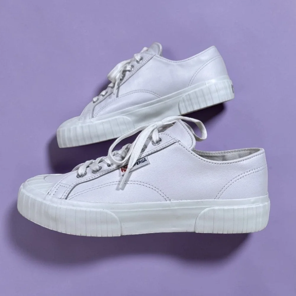 SUPERGA 2630 Stripe Nappa White Leather Platform Lace Up Casual Sneakers Women 8